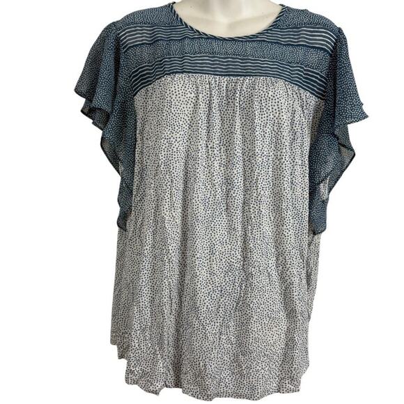 Daniel Rainn Flutter Batwing Short Sleeve Blue Print Top Stretch Knit Shirt XL - Picture 1 of 16